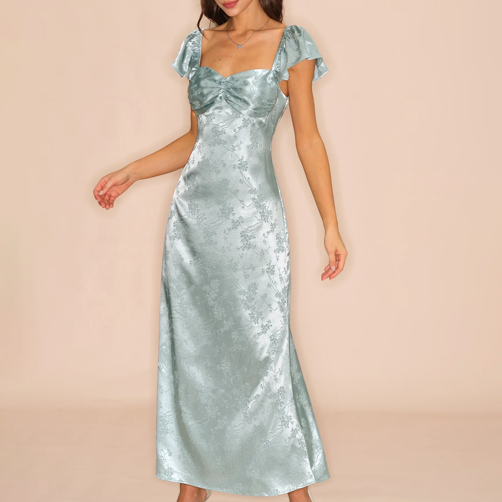 Grünes Maxi‑Kleid mit Herzausschnitt, Kappenärmeln und floralem Jacquard‑Muster
