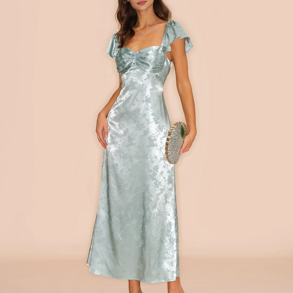 Grünes Maxi‑Kleid mit Herzausschnitt, Kappenärmeln und floralem Jacquard‑Muster
