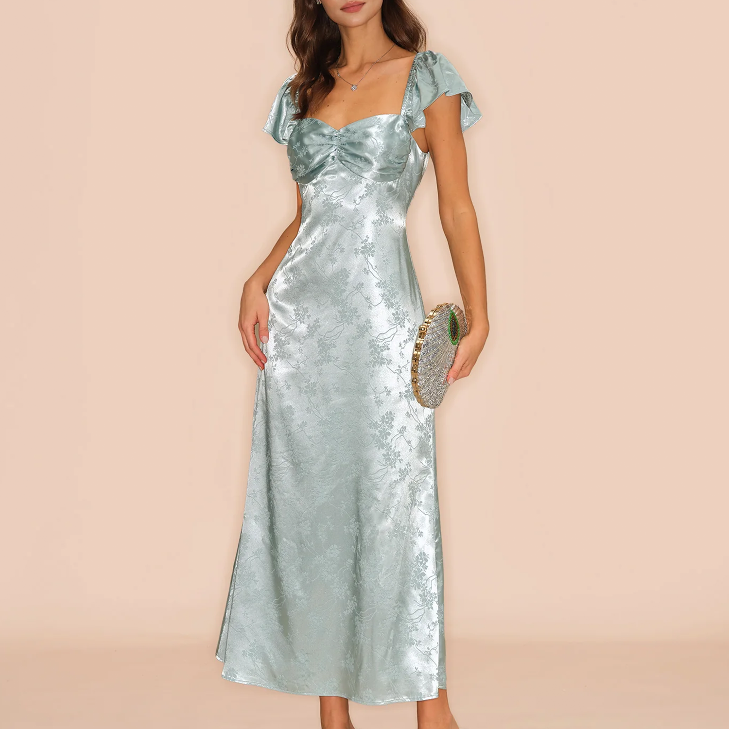 Grünes Maxi‑Kleid mit Herzausschnitt, Kappenärmeln und floralem Jacquard‑Muster