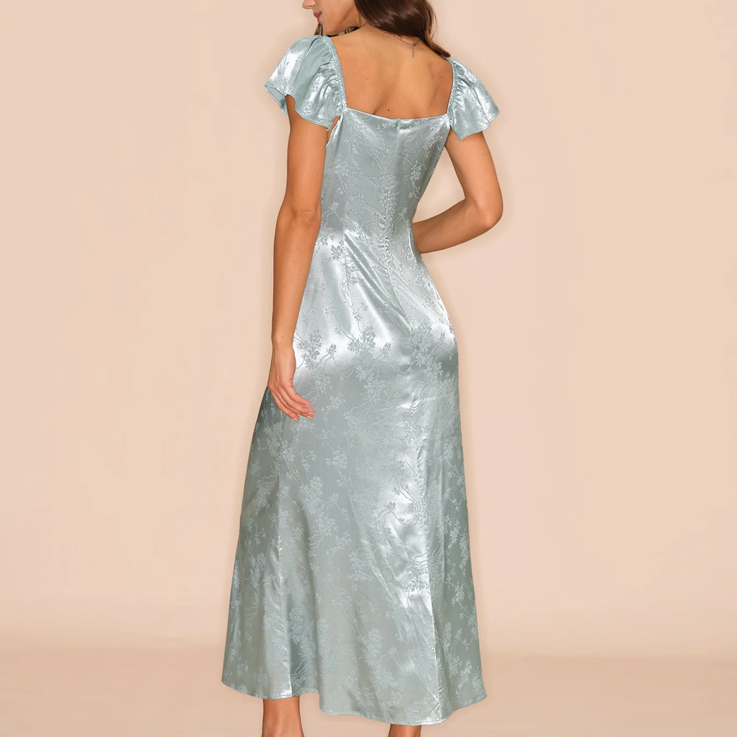 Grünes Maxi‑Kleid mit Herzausschnitt, Kappenärmeln und floralem Jacquard‑Muster