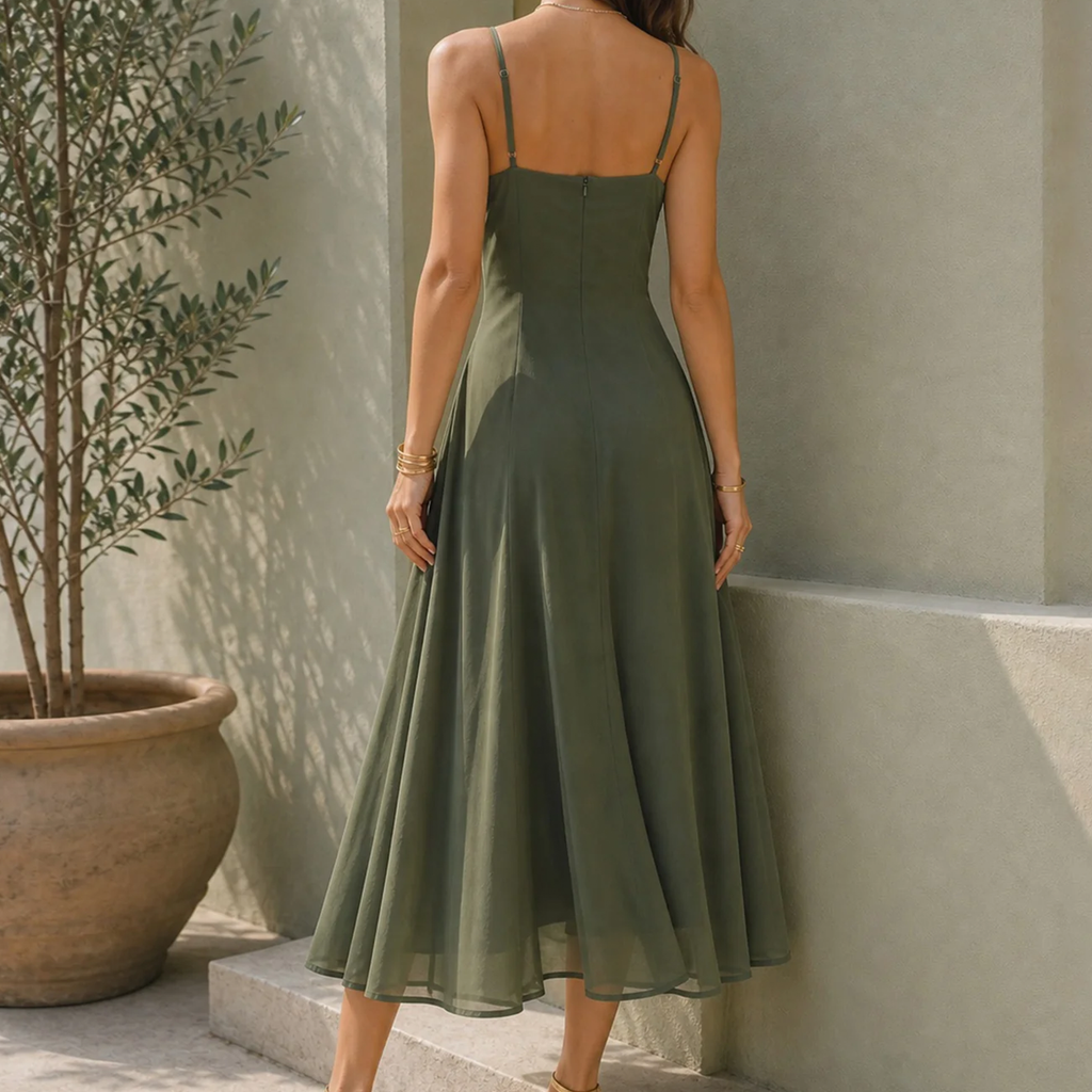 Grünes Träger‑Midi‑Kleid mit Drapage‑Ausschnitt und fließendem A‑Linien‑Schnitt