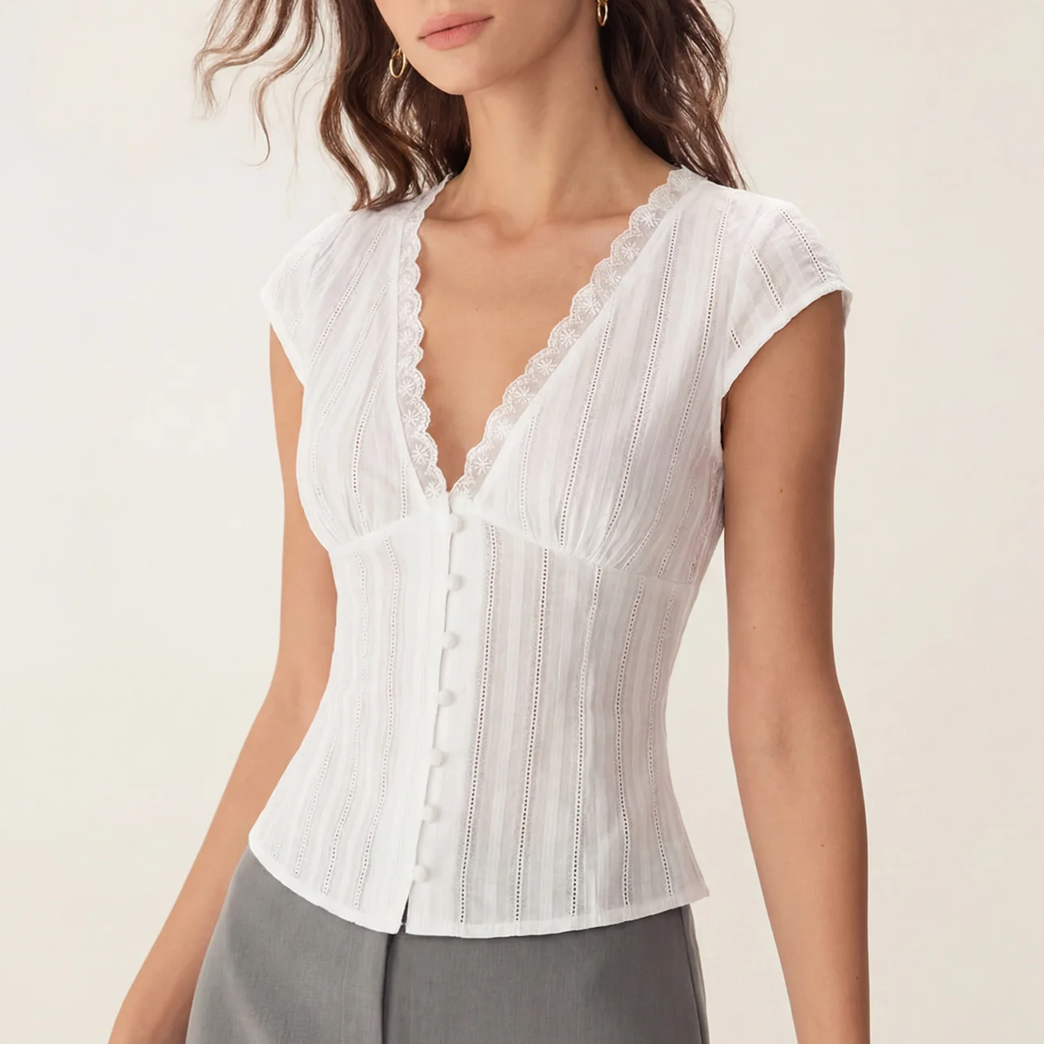 White Cap‑Sleeve V‑Neck Fitted Textured Top With Front Button Details